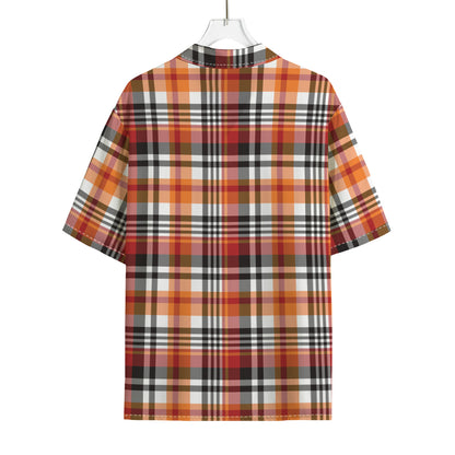 Orange And Black Madras Plaid Print Rayon Hawaiian Shirt