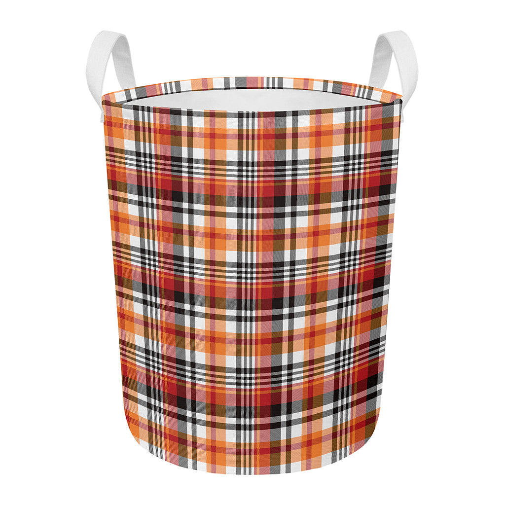 Orange And Black Madras Plaid Print Round Laundry Basket