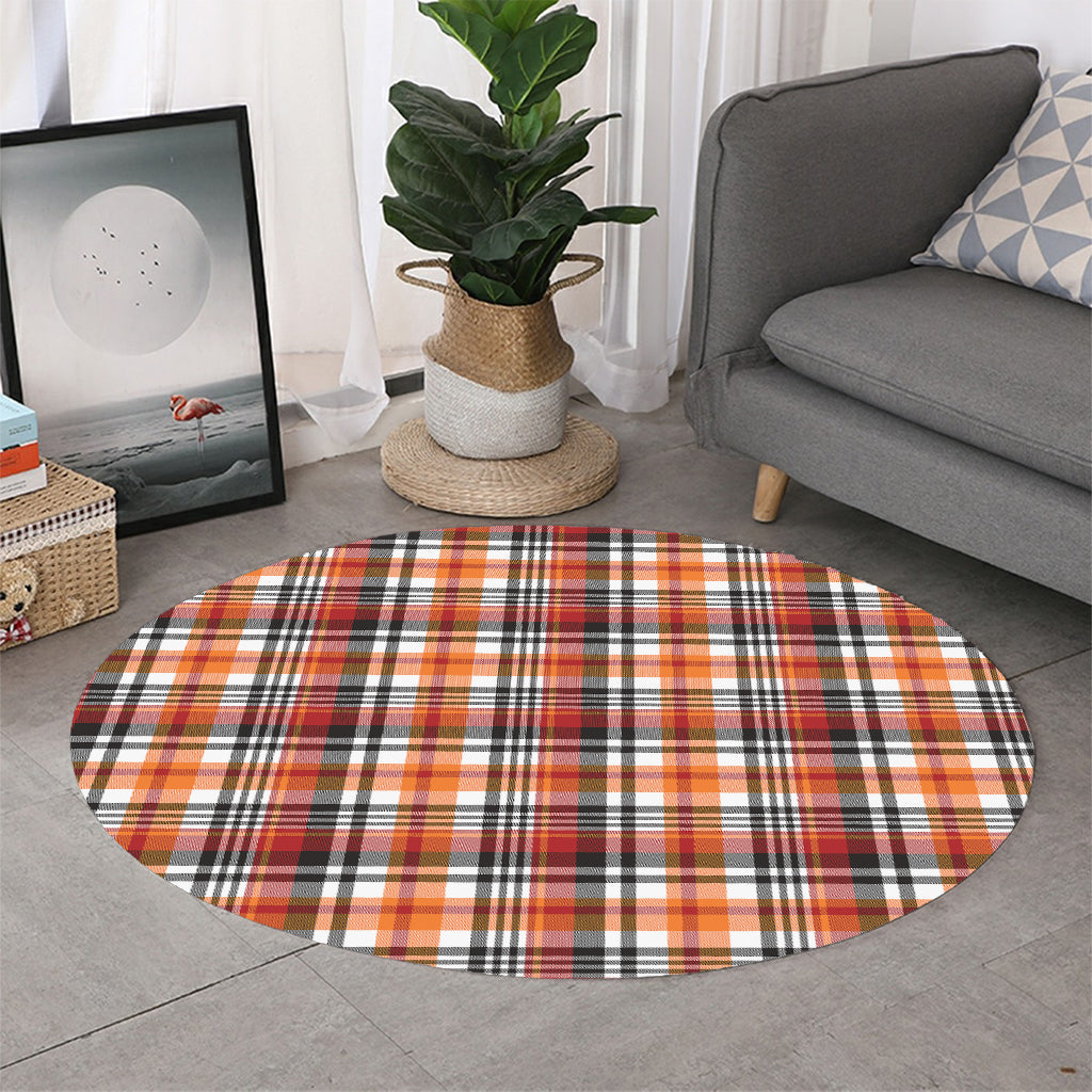 Orange And Black Madras Plaid Print Round Rug