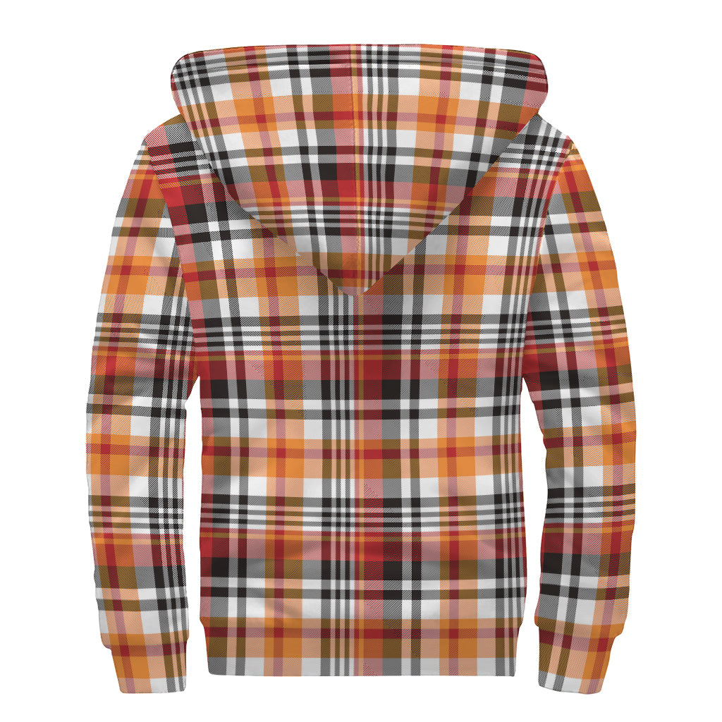 Orange And Black Madras Plaid Print Sherpa Lined Zip Up Hoodie