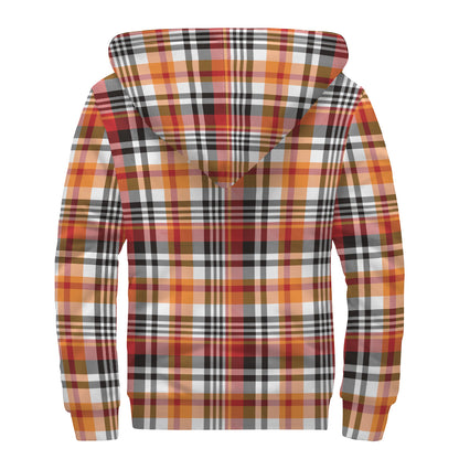 Orange And Black Madras Plaid Print Sherpa Lined Zip Up Hoodie