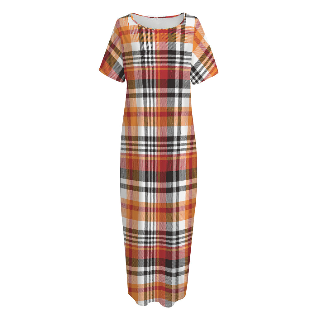 Orange And Black Madras Plaid Print Short Sleeve Long Nightdress