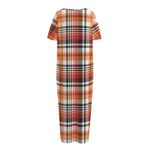 Orange And Black Madras Plaid Print Short Sleeve Long Nightdress