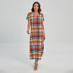 Orange And Black Madras Plaid Print Short Sleeve Maxi Dress