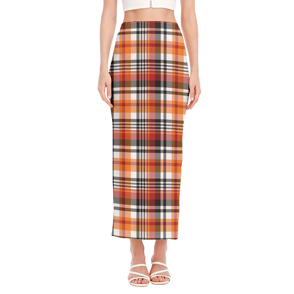 Orange And Black Madras Plaid Print Side Slit Maxi Skirt