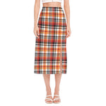 Orange And Black Madras Plaid Print Side Slit Midi Skirt