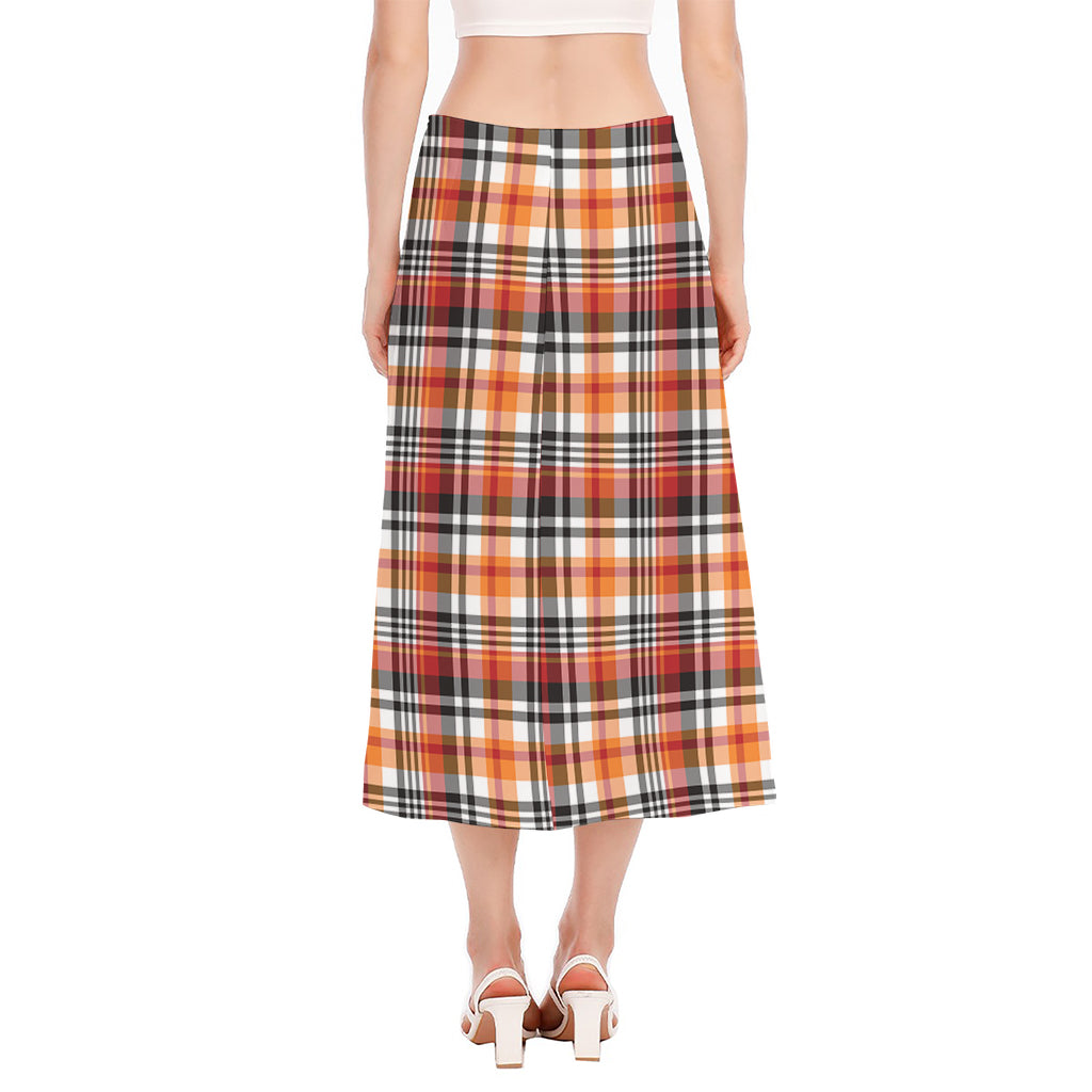 Orange And Black Madras Plaid Print Side Slit Midi Skirt