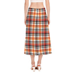 Orange And Black Madras Plaid Print Side Slit Midi Skirt