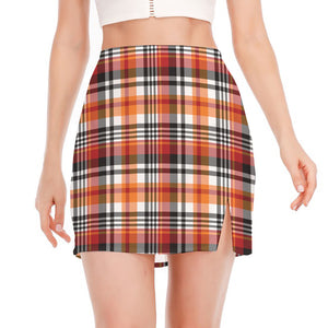 Orange And Black Madras Plaid Print Side Slit Mini Skirt