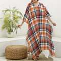 Orange And Black Madras Plaid Print Silk V-Neck Kaftan Dress