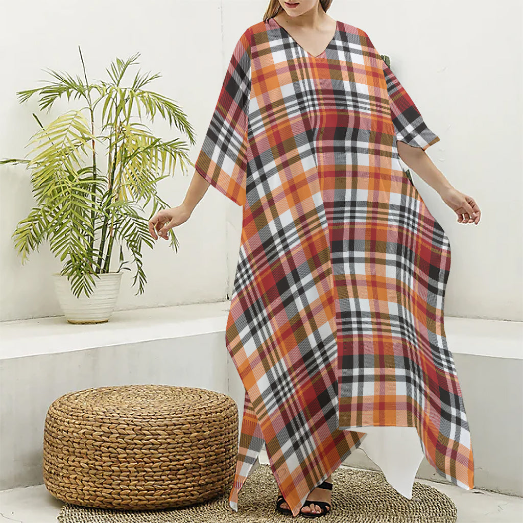Orange And Black Madras Plaid Print Silk V-Neck Kaftan Dress