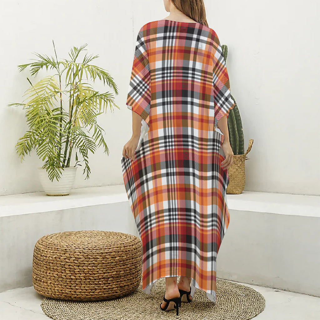 Orange And Black Madras Plaid Print Silk V-Neck Kaftan Dress