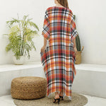 Orange And Black Madras Plaid Print Silk V-Neck Kaftan Dress