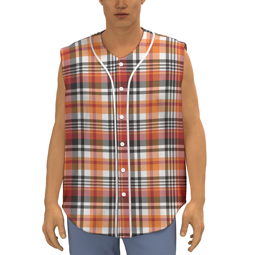 Orange And Black Madras Plaid Print Sleeveless Baseball Jersey