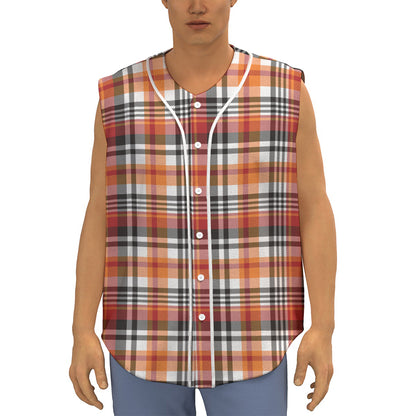 Orange And Black Madras Plaid Print Sleeveless Baseball Jersey