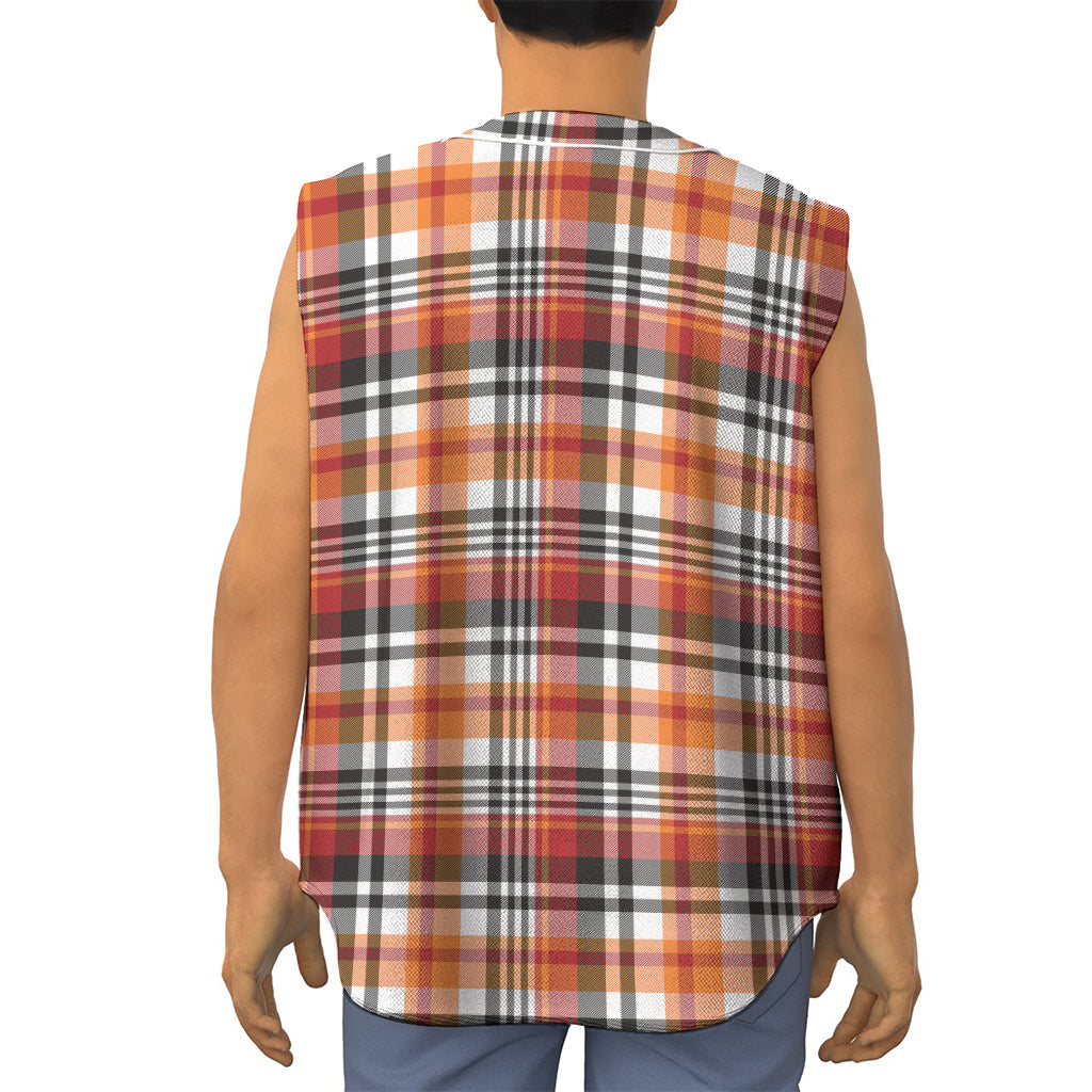Orange And Black Madras Plaid Print Sleeveless Baseball Jersey
