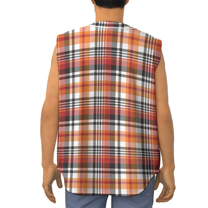 Orange And Black Madras Plaid Print Sleeveless Baseball Jersey