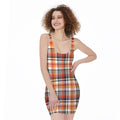 Orange And Black Madras Plaid Print Sleeveless Bodycon Dress