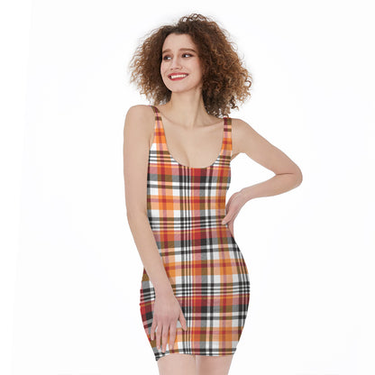 Orange And Black Madras Plaid Print Sleeveless Bodycon Dress