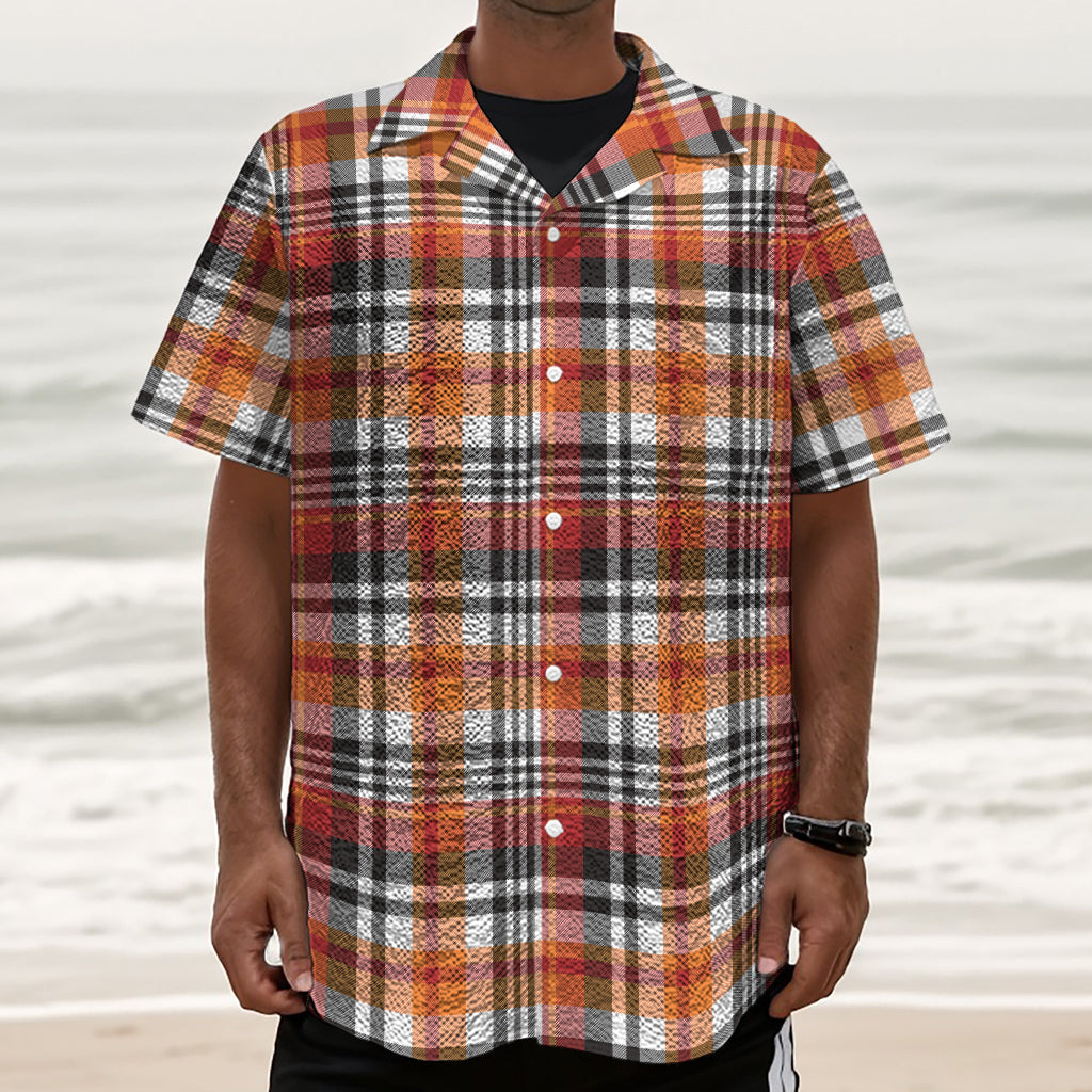 Orange And Black Madras Plaid Print Textured Short Sleeve Shirt