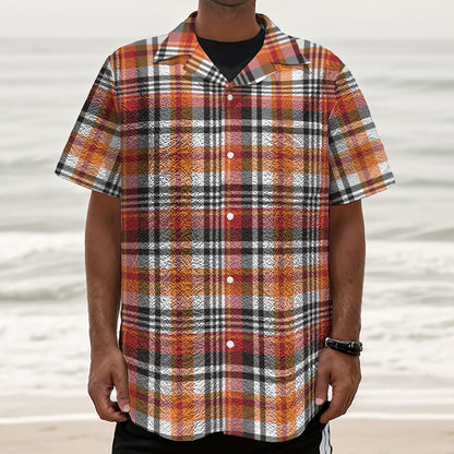 Orange And Black Madras Plaid Print Textured Short Sleeve Shirt