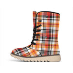 Orange And Black Madras Plaid Print Winter Boots