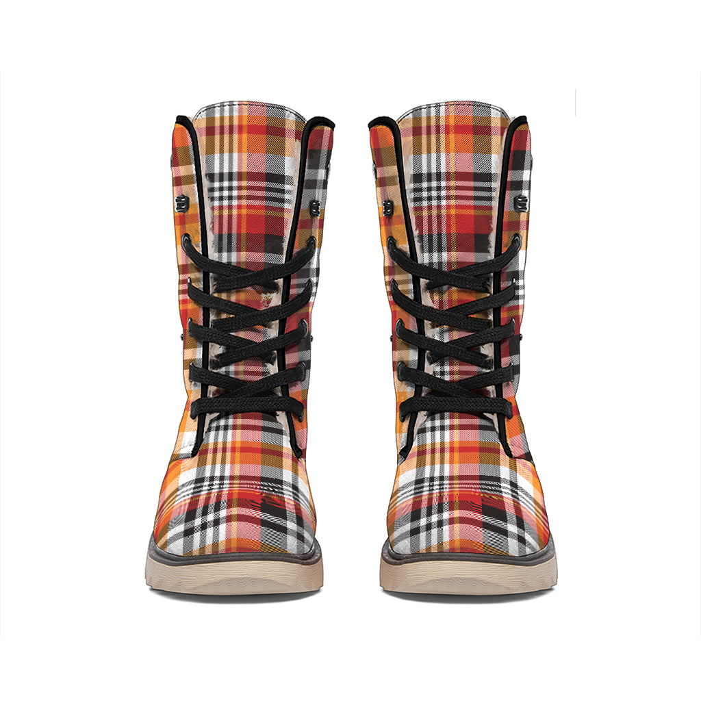 Orange And Black Madras Plaid Print Winter Boots