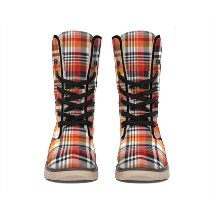 Orange And Black Madras Plaid Print Winter Boots