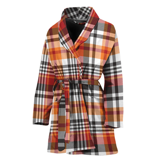 Orange And Black Madras Plaid Print Women's Bathrobe
