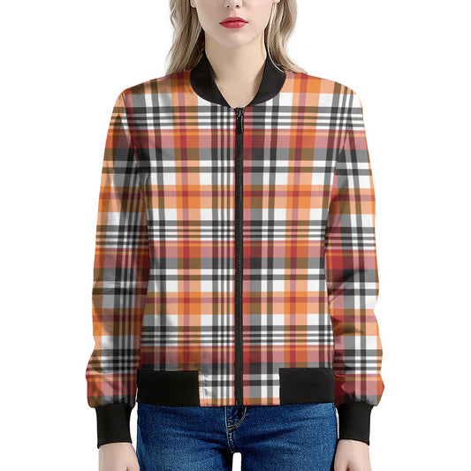 Orange And Black Madras Plaid Print Women's Bomber Jacket