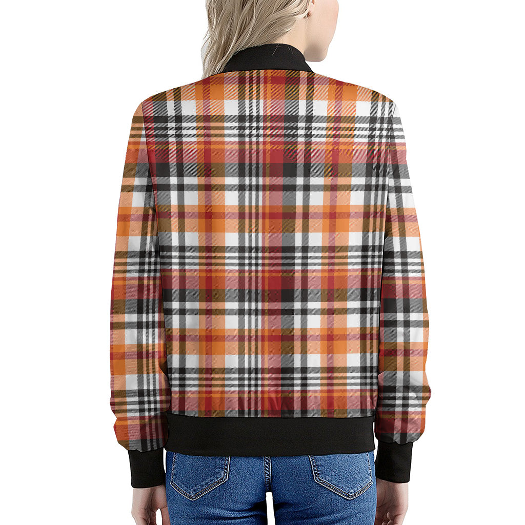 Orange And Black Madras Plaid Print Women's Bomber Jacket