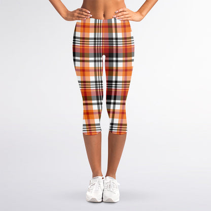 Orange And Black Madras Plaid Print Women's Capri Leggings