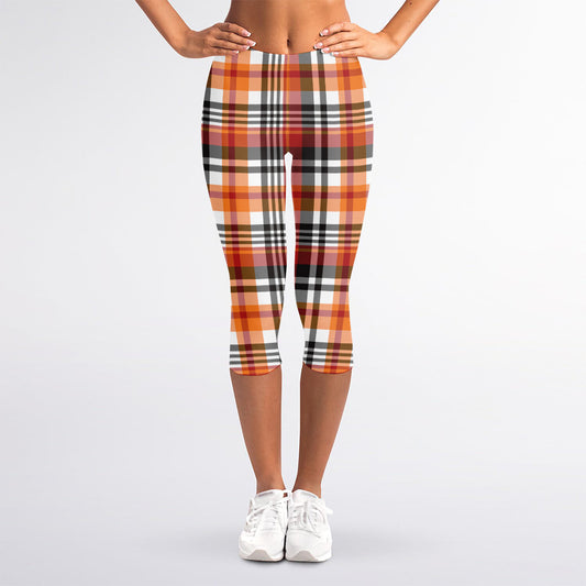 Orange And Black Madras Plaid Print Women's Capri Leggings