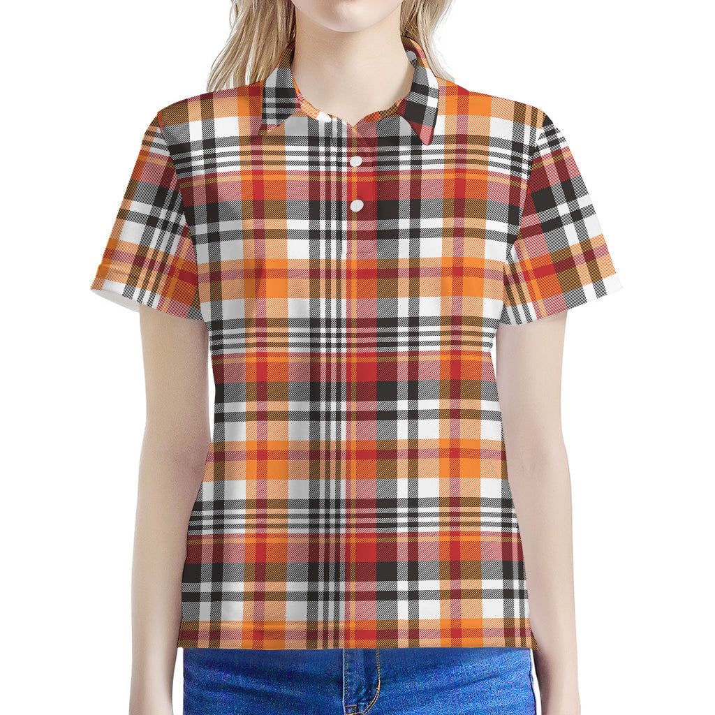 Orange And Black Madras Plaid Print Women's Polo Shirt