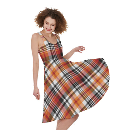 Orange And Black Madras Plaid Print Women's Sleeveless Dress