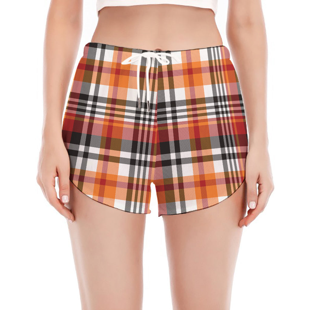 Orange And Black Madras Plaid Print Women's Split Running Shorts