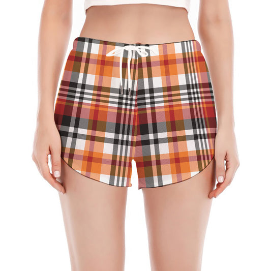 Orange And Black Madras Plaid Print Women's Split Running Shorts