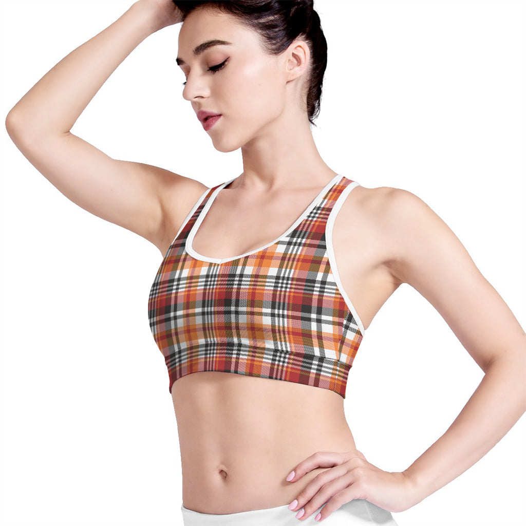 Orange And Black Madras Plaid Print Women's Sports Bra