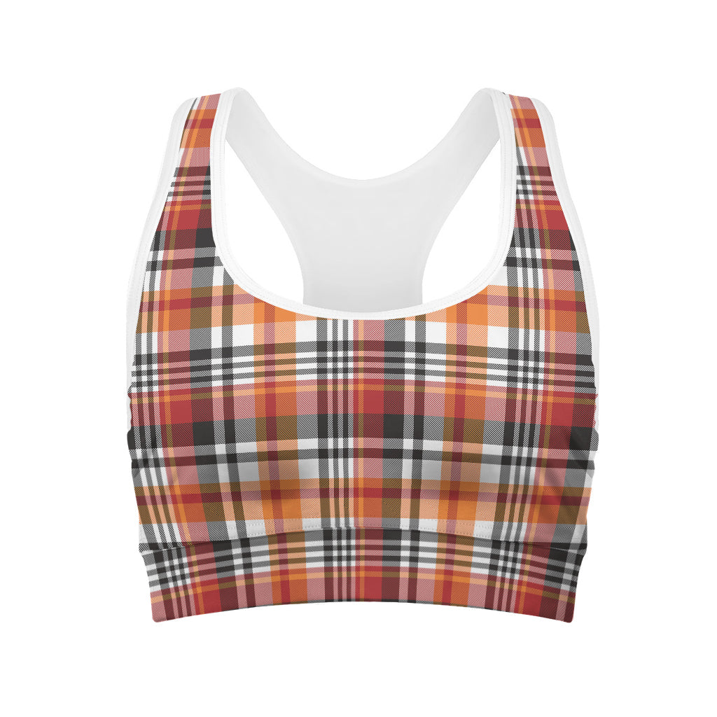 Orange And Black Madras Plaid Print Women's Sports Bra