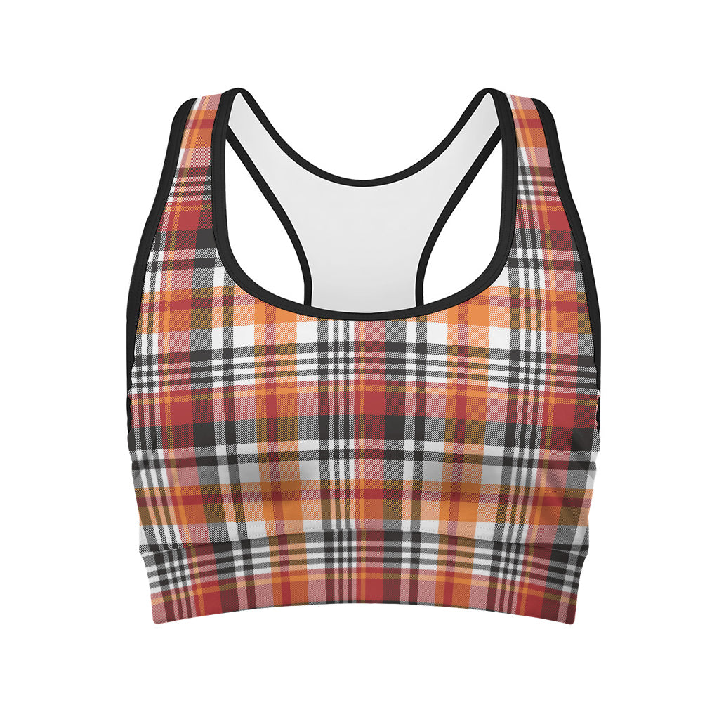 Orange And Black Madras Plaid Print Women's Sports Bra