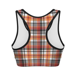 Orange And Black Madras Plaid Print Women's Sports Bra