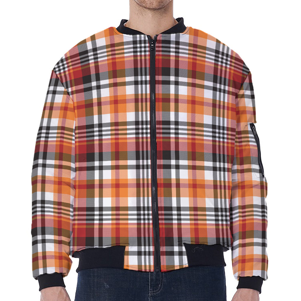 Orange And Black Madras Plaid Print Zip Sleeve Bomber Jacket