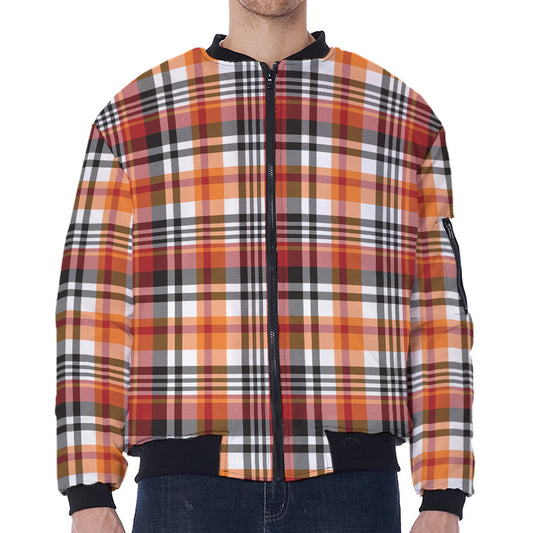 Orange And Black Madras Plaid Print Zip Sleeve Bomber Jacket