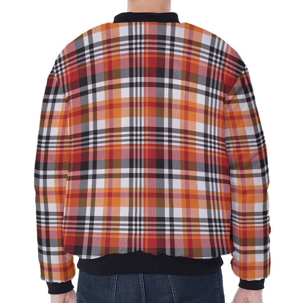 Orange And Black Madras Plaid Print Zip Sleeve Bomber Jacket