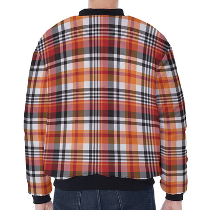 Orange And Black Madras Plaid Print Zip Sleeve Bomber Jacket
