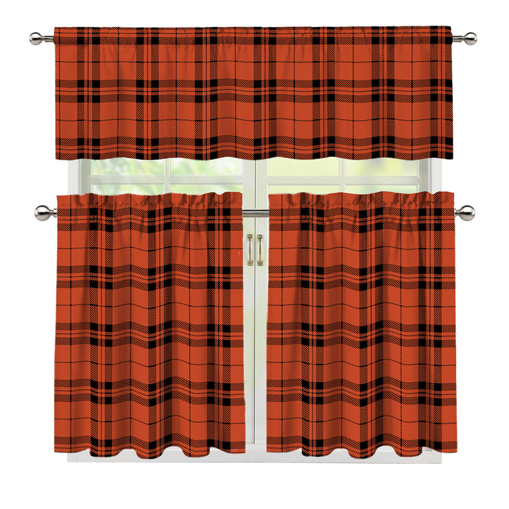 Orange And Black Tartan Pattern Print 3 Piece Kitchen Curtains