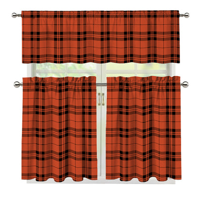Orange And Black Tartan Pattern Print 3 Piece Kitchen Curtains