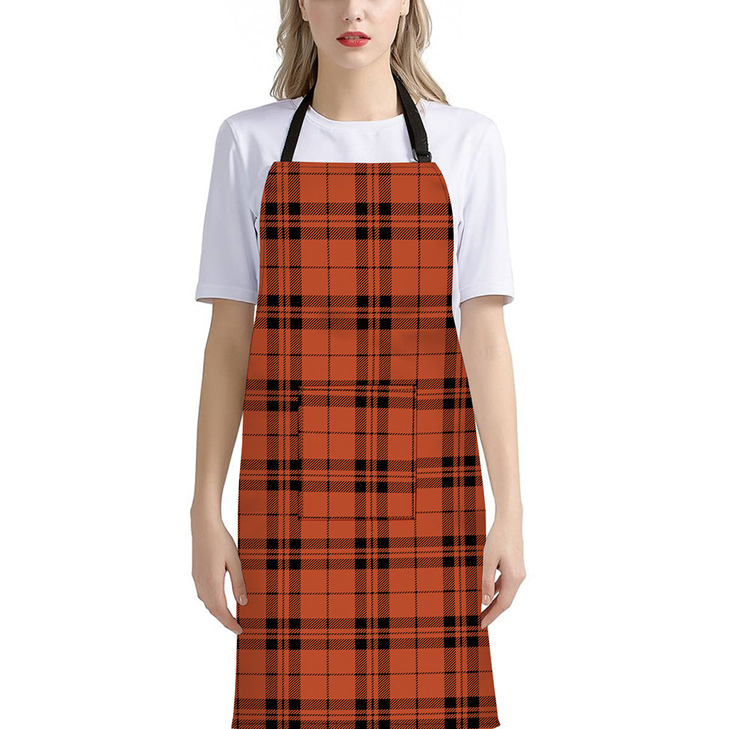 Orange And Black Tartan Pattern Print Bib Apron With Pocket