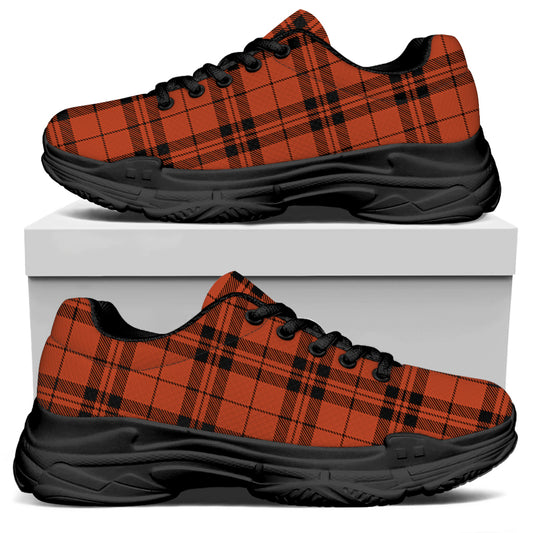 Orange And Black Tartan Pattern Print Black Chunky Shoes