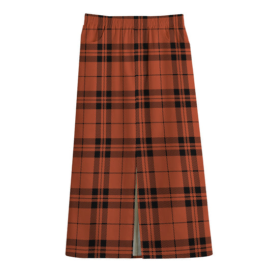Orange And Black Tartan Pattern Print Cotton Front Slit Maxi Skirt